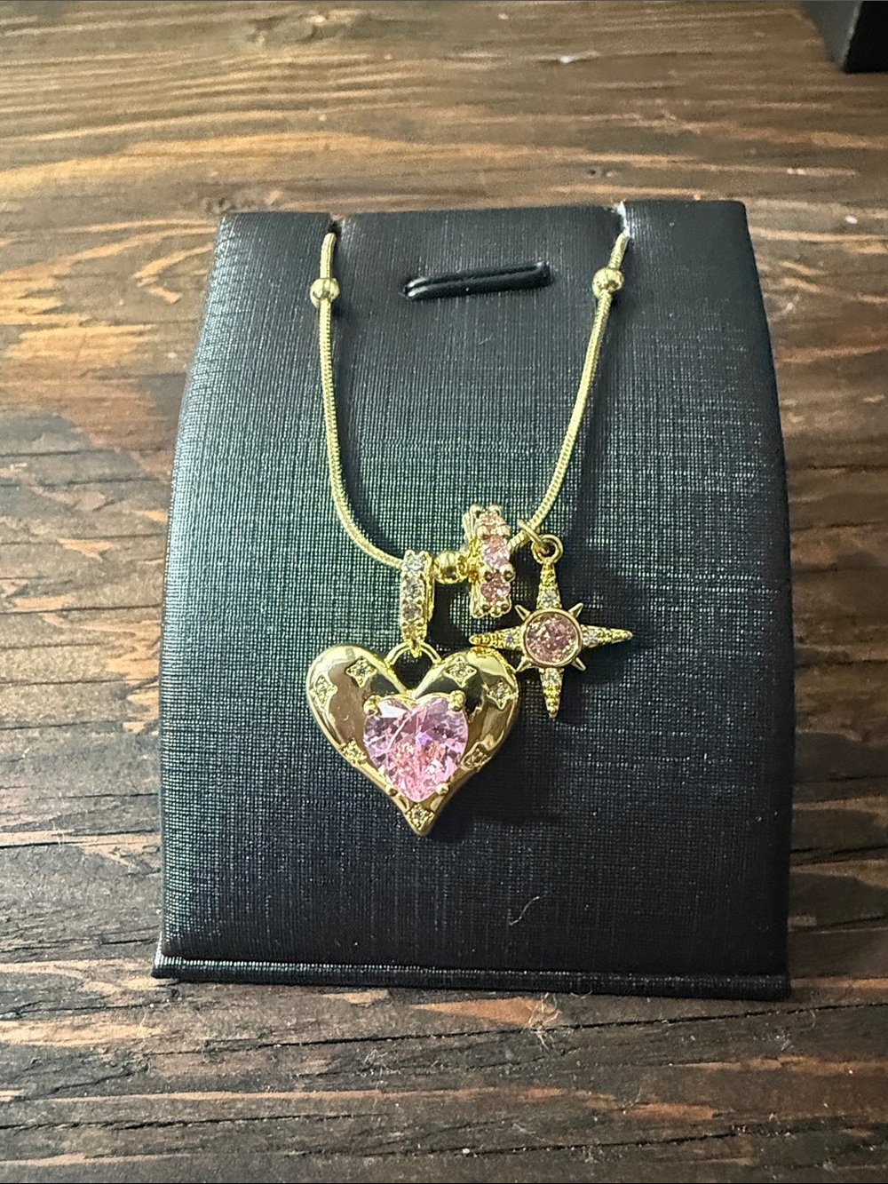 Gold Plated Heart & Star Mini Ring Charms Pendant Necklace with Pink Stones